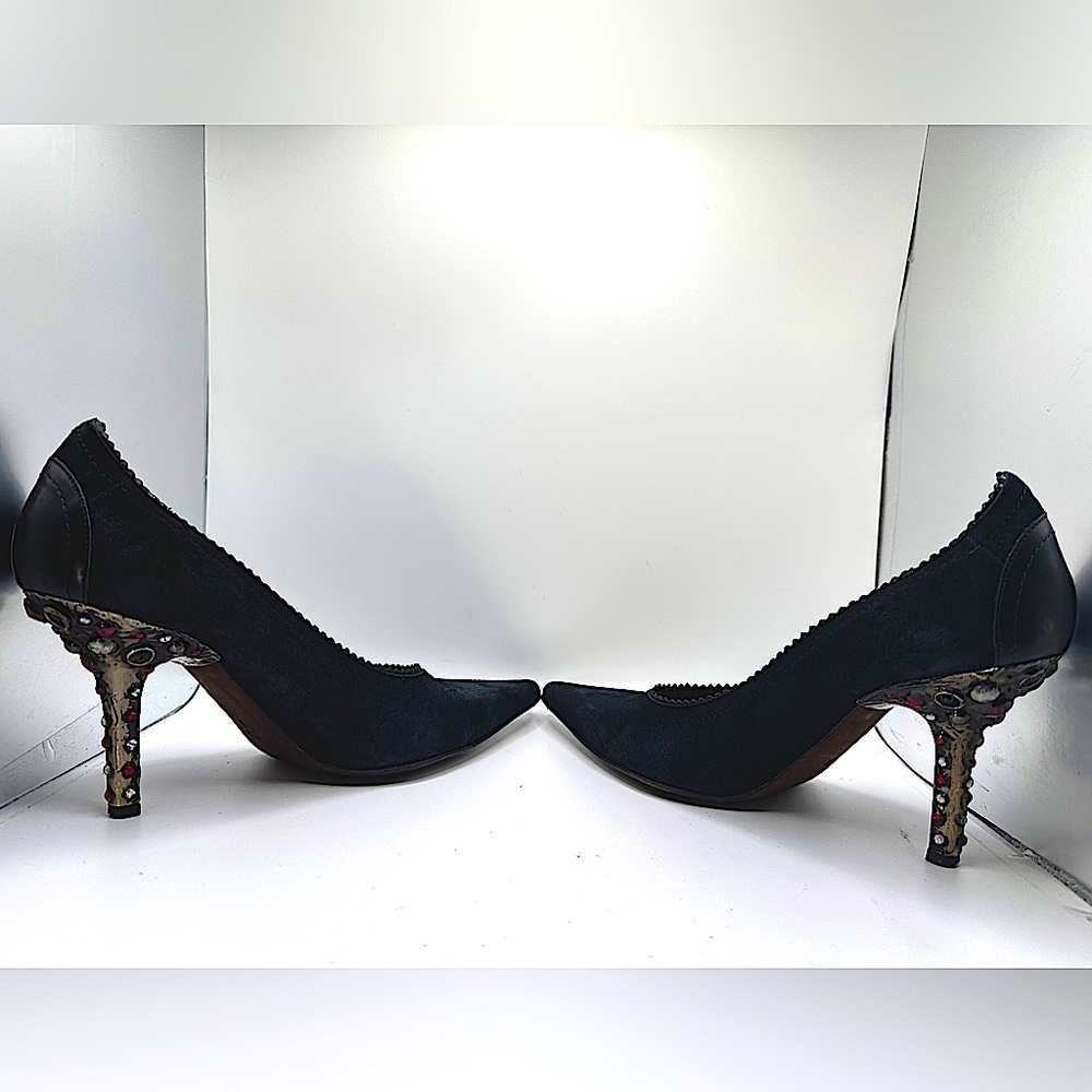 Vintage Donald J Pliner Black Suede Featuring Unique Studded/Jeweled Heel Sz 6.5 - Picture 6 of 15